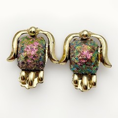 Vintage Guilloche Peacock Iridescent Tulip Clip On Earrings Oil Slick Gold Tone