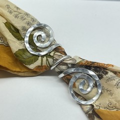 Scarf Slide Silver Tone Hammered Aluminum Double Open Spirals with Center Coil