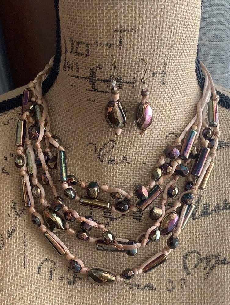 Czech Glass bead necklace Earring Set jewelry Knotted Geometric Silk