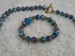 Iridescent Peacock Blue Crystal Bead Necklace + Bracelet + Pierced Earrings (C4)