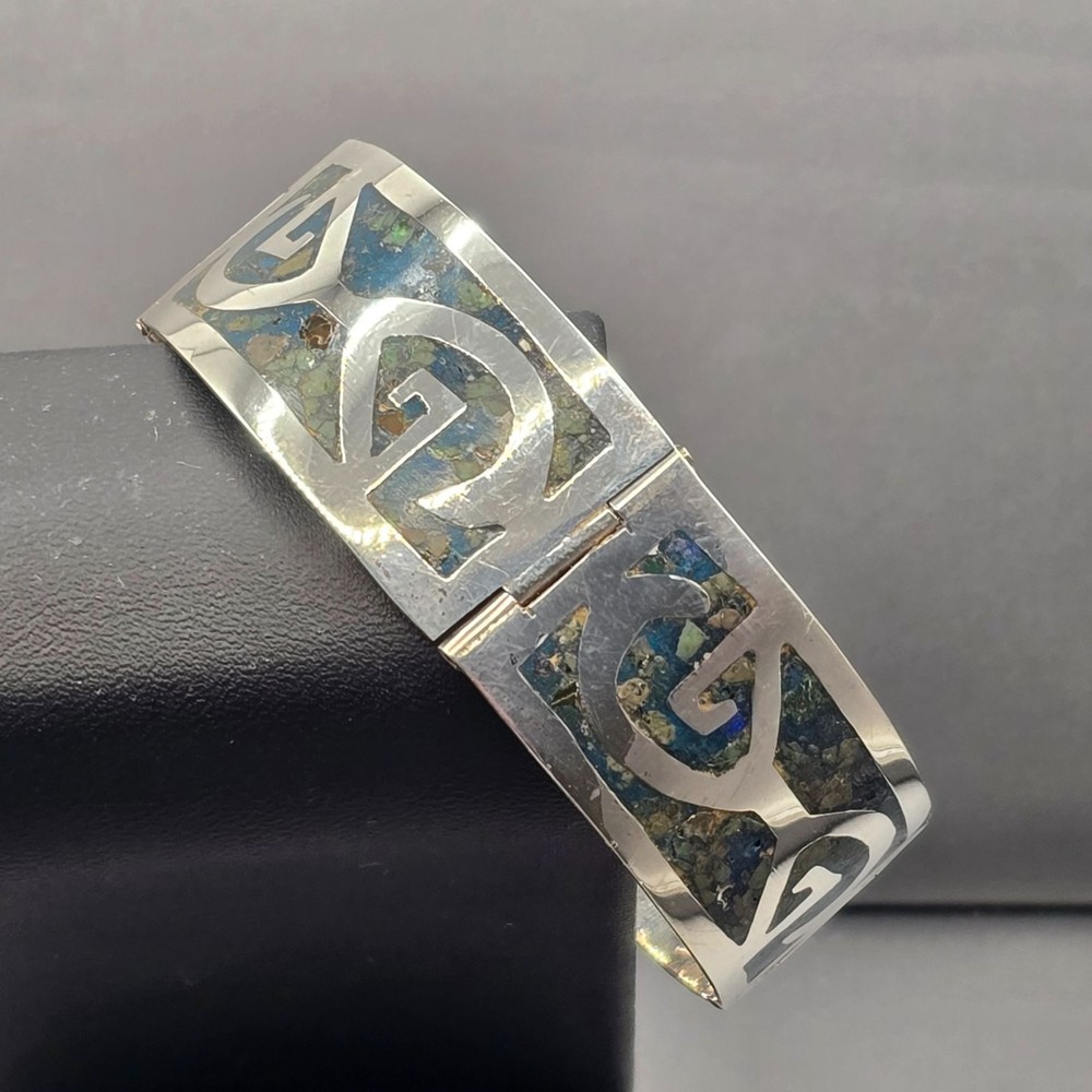 Vintage Taxco Sterling Silver Turquoise Inlay Bracelet 7″ Eagle 3 Signed AMD 30g