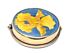 VTG Blue Cloisonne Yellow Iris Flower Pendant Enamel 22kt & 8kt Gold & Sterling