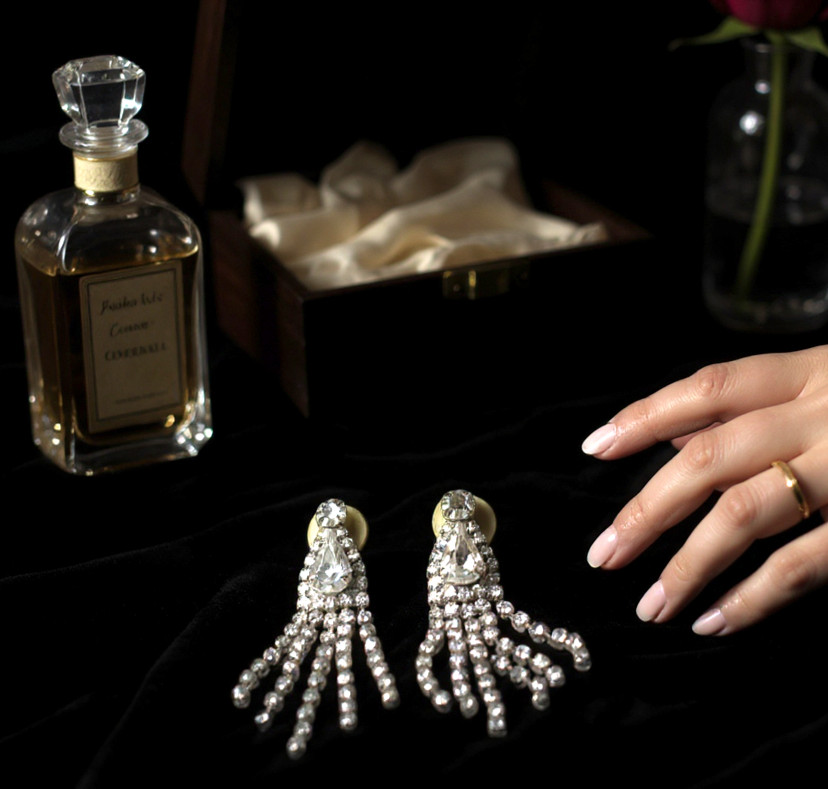 Vintage Chandelier Dangle Earrings + Bangle Bracelet Clear Prong Set Rhinestone