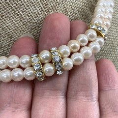 Vintage 80s faux pearl rhinestone double strand necklace in gold tone metal