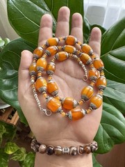 Vintage Style Ethnic Indo/Tibet Tribal Theme Silver Capped Amber Resin Necklace