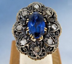 Diamonds Rose Cut 18k Gold Antique Ring 1.00 ct Sapphire Size 6.5