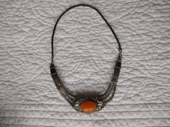 Vintage Antique Tibetan Silver Mesh Orange Beeswax Amber Necklace Jewlery