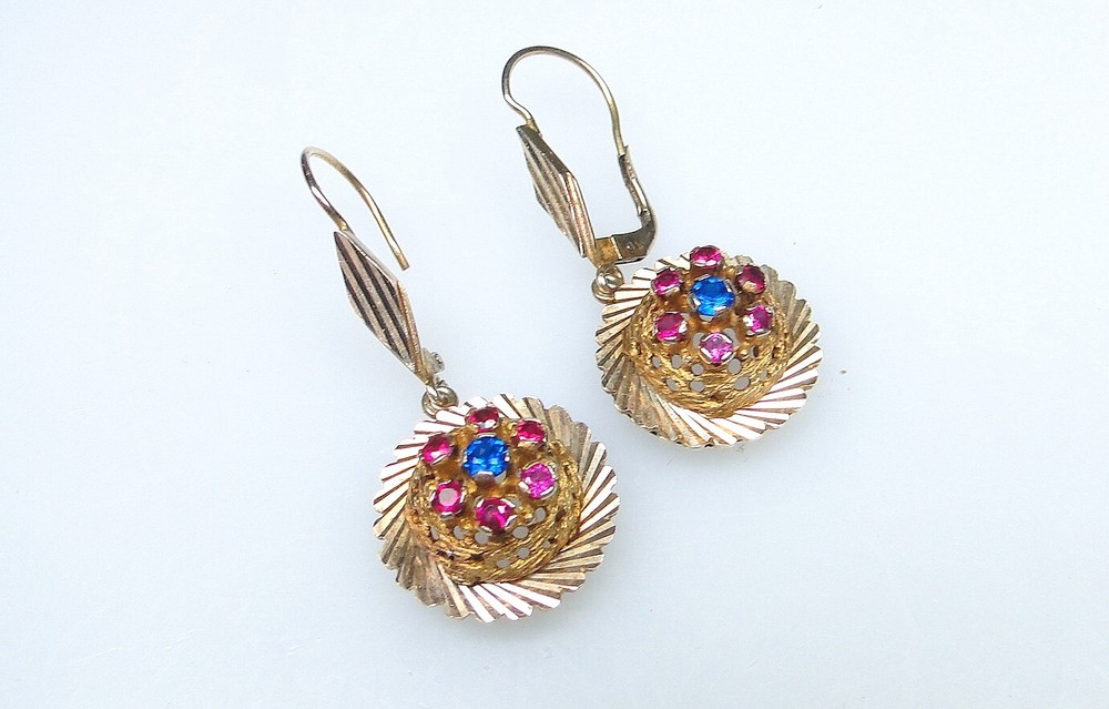🌟Vintage 6 Grams 10K Gold Dangle Earrings w Rubies Pierced Pair