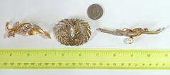 Lot of 3 Vintage Brushed Gold-tone White Rhinestone Brooches
