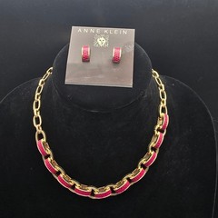 Anne Klein Gold Tone Pink Faux Snake Skin Necklace Earrings Set