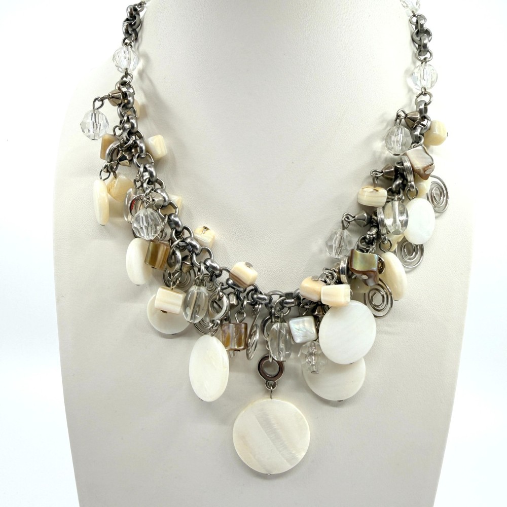 Vintage Silver Tone Mother of Pearl Necklace Multi Strand Cluster Charm Bib Boho