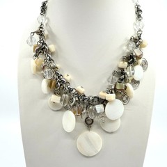 Vintage Silver Tone Mother of Pearl Necklace Multi Strand Cluster Charm Bib Boho