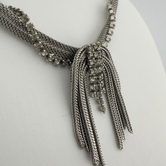 Vintage Mesh Tassel Necklace Rhinestone Silver Tone Dangling Collar