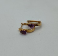 Vtg Hoop Amethyst Teardrop Stone 14k Solid Yellow Gold Post Earrings Dangle Drop
