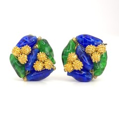 Elegant Vintage Les Bernard Clip On Earrings Blue & Green Glass Golden Ornament