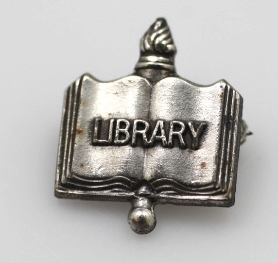 Vintage 925 sterling silver small pin Library open book letters lapel brooch