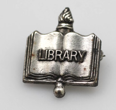 Vintage 925 sterling silver small pin Library open book letters lapel brooch