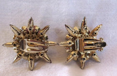 Vtg Signed Judy Lee Clip-On Starburst Earrings Faux Pearls & Colorful Rhinestone