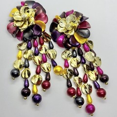 Vtg XL Runway Lucite Multicolor Chandelier Beaded Statement Earrings Clip-on Big