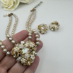 1950s Vintage Faux Pearl RHINESTONE Gold Filigree Bridal Set Earrings & Necklace