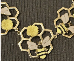 Gold Tone Enamel Bumble Bee & Honey Comb Yellow Flower Necklace, Signed Talbots