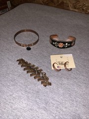 Lot Of Four Copper Jewelry Pieces. New Earrings, Cuff And Two Bracelets.