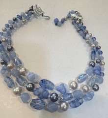 Vintage Triple Strand Japan Blue Art Glass Necklace