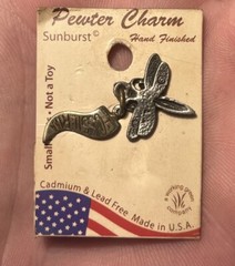 Vintage Dragonfly Pendant Insect Charm Silver Pewter Fossil Museum NOS Jewelry