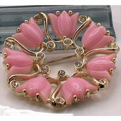 VTG Kramer Signed Brooch Pink Thermoset Tulip Wreath Clear Rhinestones 2.25in