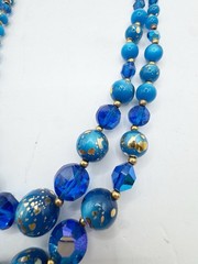 Vintage MCM Peacock Blue Iridescent Two Strand Beaded Necklace Glass Gold Fleck