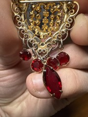 Vintage Gold Tone Red And Pink Dangling Lace Border Brooch