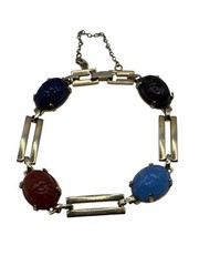 Vintage Egyptian Revival Carved Glass Scarab Bracelet Safety Chain READ
