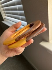 Set Of 2 Rare Vintage Irregular Shape Carved Laminated Bakelite Bangle Bracelets