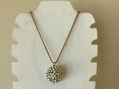 Vintage Rhinestone, White and Green Lucite Sphere Pendant Gold Tone Necklace-24″