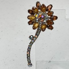 Vintage Brooch Brown Rhinestone Flower AB Stem Daisy MCM 50s 60s