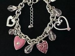 Vintage Silver Tone Heart Charm Bracelet Pink Rhinestone Dangle Lobster 8.5”Adj