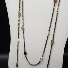 58″ Long Bronze-Tone Chain Necklace – Mixed Glass Beads, No Clasp, Boho Vintage