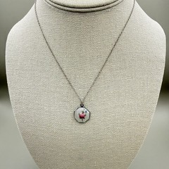 Vintage Guilloche Pendant Necklace Sterling Silver Octagonal Cottagecore Kawaii