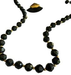 BLACK PLASTIC MULTIFACETED BEADED NECKLACE 29 in LONG With EARRINGS set