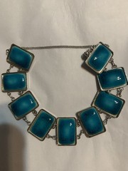 Vintage Teal Blue Stones Silver Tone Chain Bracelet With Safety Chain 7 Inches