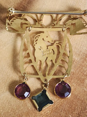 Wild Bryde Signed Horse Brooch Articulated Dangle Purple Blue Rhinestones Gold