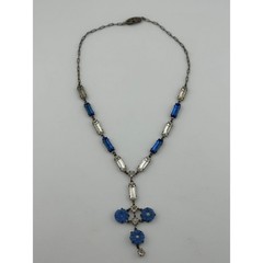 Antique Art Deco Rhinestone Flower Y Drop Necklace Silver Tone READ