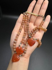 Vintage Carnelian Multi Strand Necklace, Triple Heart Pendant, Faceted Orange