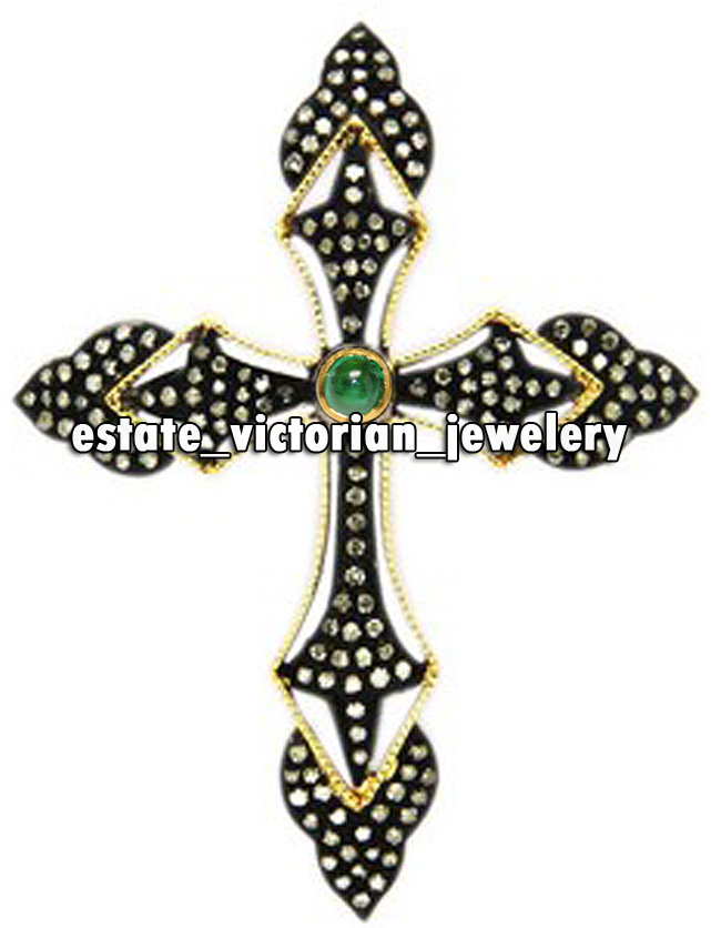 Stunning 2.25ctw Rose Cut Diamond Emerald Silver Victorian Cross Pendant Jewelry