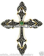 Stunning 2.25ctw Rose Cut Diamond Emerald Silver Victorian Cross Pendant Jewelry