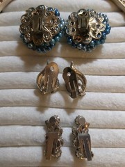 3 Pair Vintage Blue Iridescent AB Stone Clip Earrings