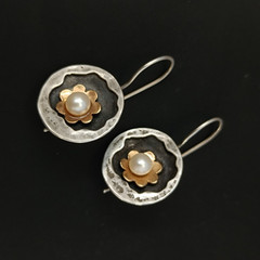 Modernist Pearl Earrings Handmade Silver Gold Israeli Artist Studio VTG Jewelry