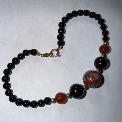 14k Gold Bracelet Black Coral Cloisonne Vintage Unused 6.75” Biggest Bead 10mm