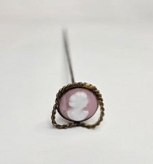 Antique 6.25″ Pink and White Shell Portrait Cameo Hat Pin Set in Brass