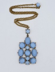 Vintage Blue Glass Pendant Necklace Moonglow Floral Statement Cabochon